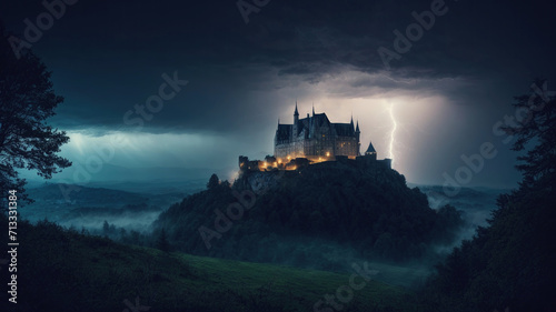 old castle on a hill at night