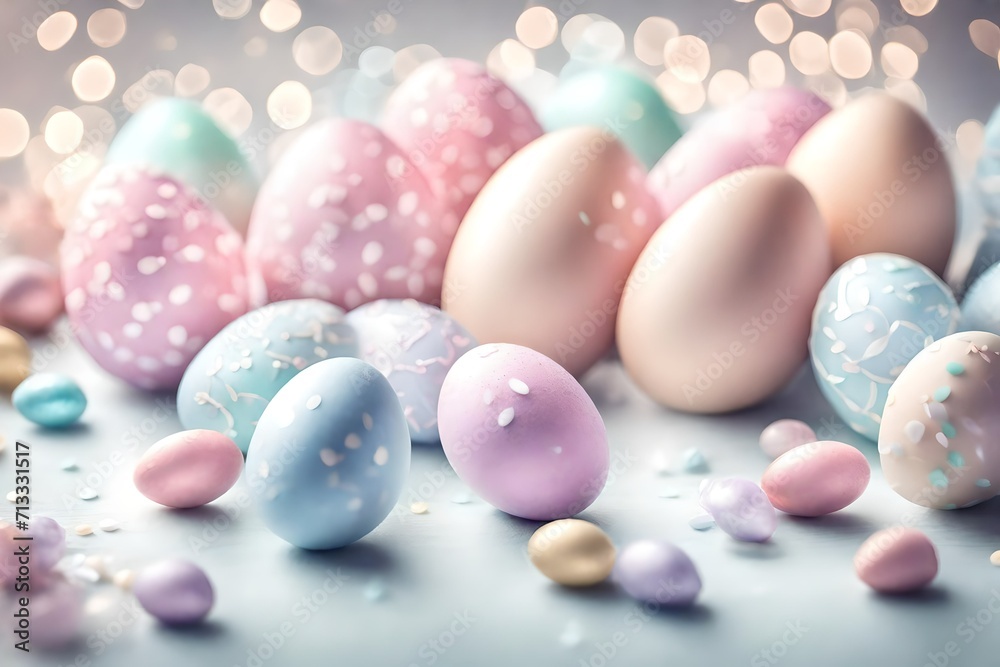 Delicate pastel-colored candy Easter eggs forming an elegant border against a backdrop of subtle bokeh lights, creating a dreamy and festive atmosphere.