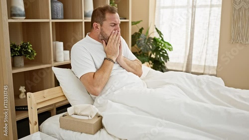 A middle-aged man with grey hair coughing in his bedroom, conveying illness or allergies at home. photo