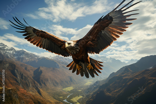 Bald Eagle flying in the mountains. 3D Rendering.