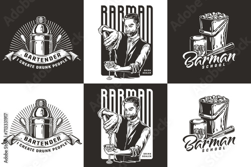 Bartender design with boston shaker and bucket with ice for bartending school. Vector emblem set of chromed metal equipment or cocktail bar tool for barman or barkeep