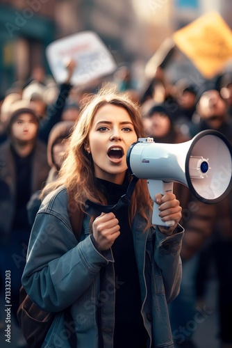 Female activist protesting via megaphone with a group of demonstrators in the background