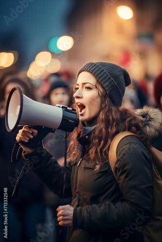 Female activist protesting via megaphone with a group of demonstrators in the background