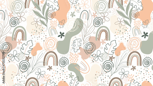 Seamless pattern with hand drawn flowers and leaves in pastel colors. Boho style.
