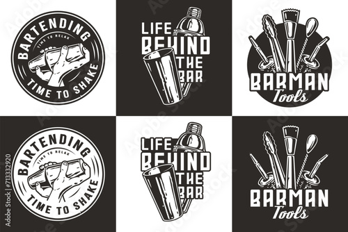 Bartender design with boston shaker in hands for bartending school. Vector emblem set of chromed metal equipment or cocktail bar tool for barman or barkeep
