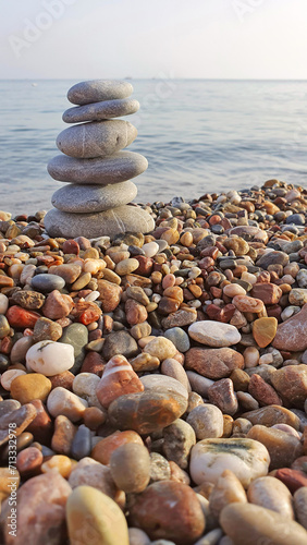 Spa stones balance on the sand of the beach.