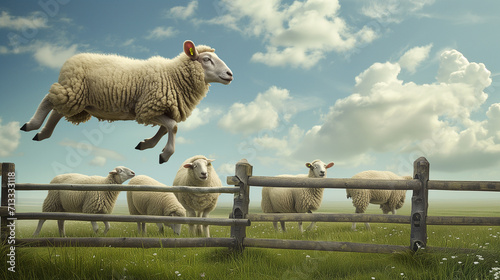 Sheep escaping from farm by  jumping over a wooden fence. Other sheep are watching.