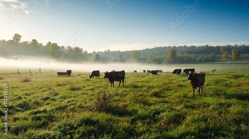 Panorama of grazing cows in a meadow with grass covered with dewdrops and morning fog. AI Generative