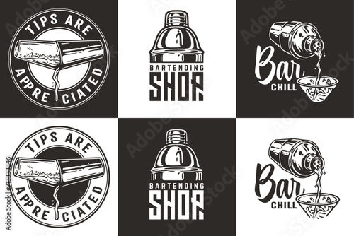 Bartender design with boston shaker for bartending school. Vector emblem set of chromed metal equipment or cocktail bar tool for barman or barkeep