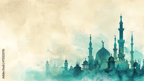 abstract aquamarine watercolor stain texture background with mosque silhouette for eid greeting card - AI Generated Abstract Art © Curva Design
