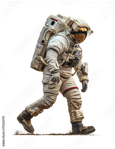 Astronaut walking in a space suit isolated on transparent background, PNG file