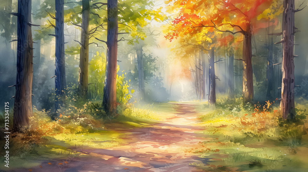 Fototapeta premium Watercolor style painting of a path in a forest landscape