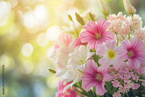 A bouquet of flowers bathed in soft sunlight