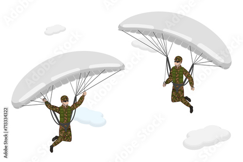 3D Isometric Flat  Conceptual Illustration of Paratroopers, Skydivers in Khaki Military Uniform photo