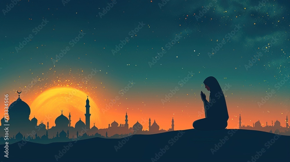muslim woman praying with mosque silhouettes in starry night - AI Generated
