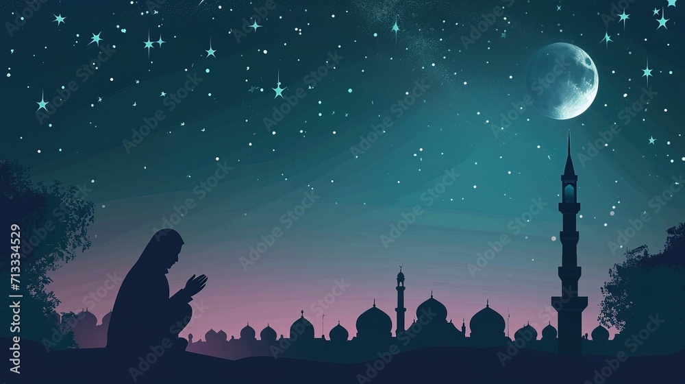 muslim woman praying with mosque silhouettes in starry night for ramadan background - AI Generated muslim woman praying with mosque silhouettes in starry night for ramadan background - AI Generated