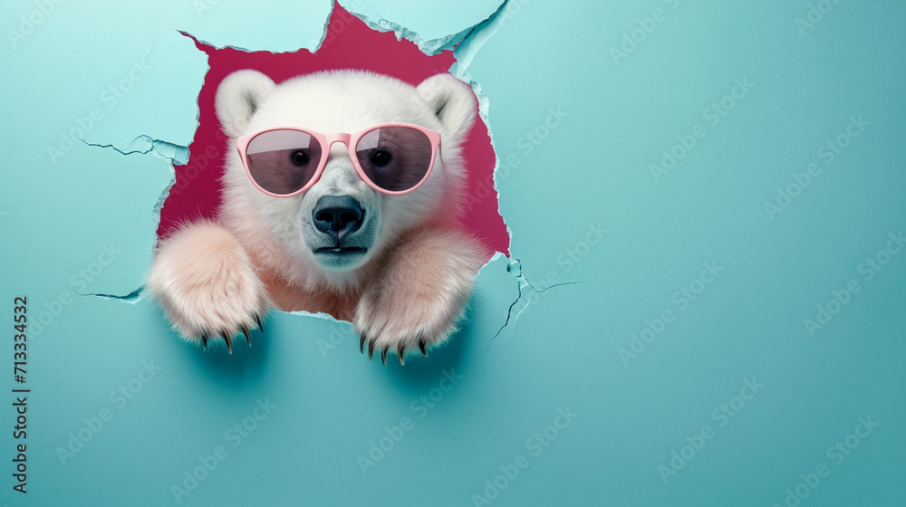 Polar bear wearing sunglasses peeking out of hole fluffy Polar bear jump out torn hole AI Generative