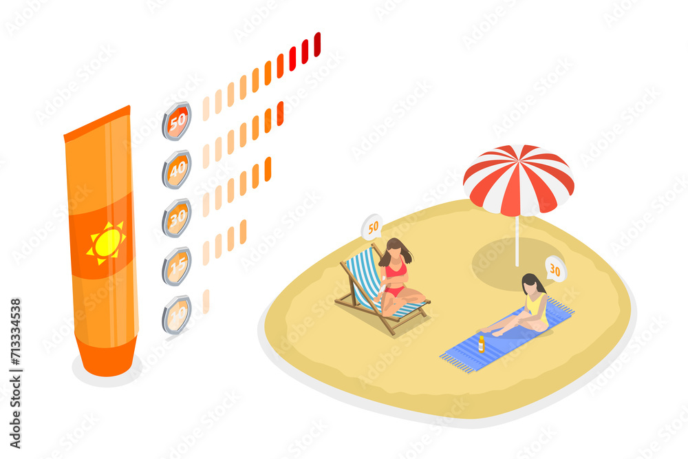 Fototapeta premium 3D Isometric Flat Conceptual Illustration of SPF Protection Infographics, Sun Care Products