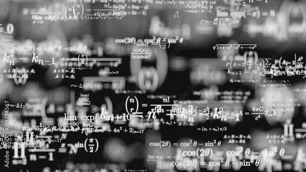 Close-up of mathematical formulas on a black background. 3D rendering animation.