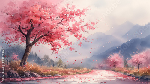 Foto Watercolor style illustration of a spring landscape with pink cherry blossoms ne