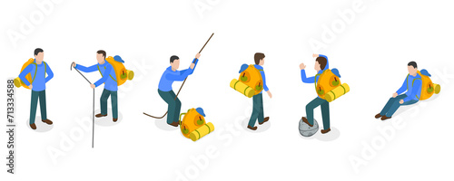 3D Isometric Flat Set of Tourists or Travelers, Hiking or Climbing