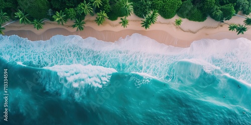 Drone and Bird eye view of ocean and sea wave on beach in summer photo