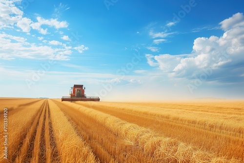 Famer Harvesting via machine in corn crops. collecting golden crops under the blue sky background