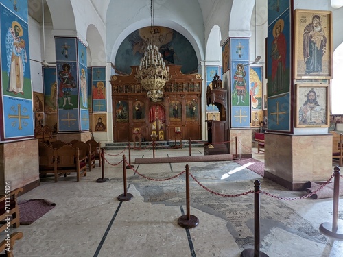 Madaba historical old town, Jordan, fampous for Interior of Greek Orthodox Basilica of St George with the mosaic map of Holy Land photo