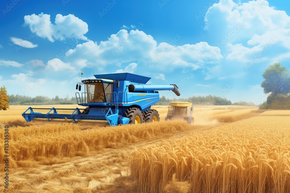 Obraz premium Famer Harvesting via machine in corn crops. collecting golden crops under the blue sky background