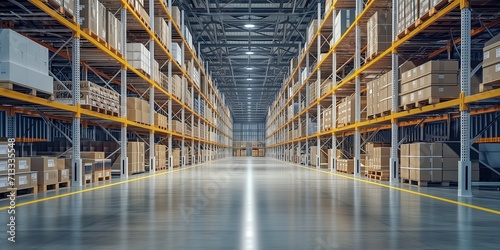 large modern warehouse for shipping transport logistic shipping cargo center. storehouse technology for management