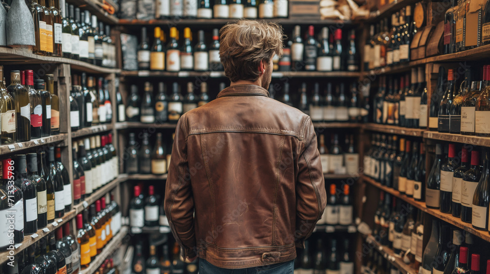a man in a liquor store. a man picks out wine in a store. a man in a liquor store. a man picks out wine in a store.