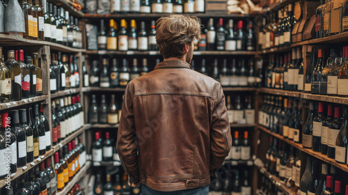 a man in a liquor store. a man picks out wine in a store. © ProstoSvet