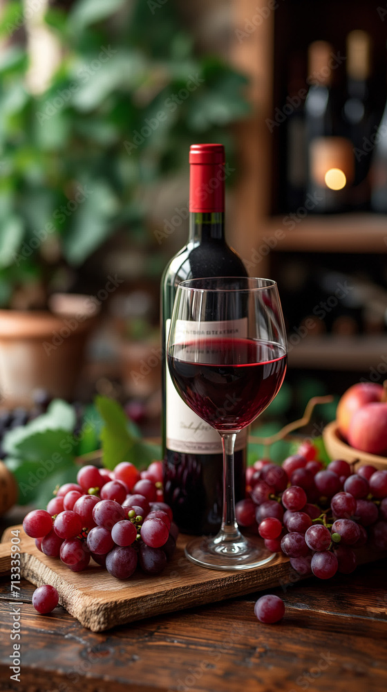 vertical photo, wine glass and grapes, wine bottle in the background