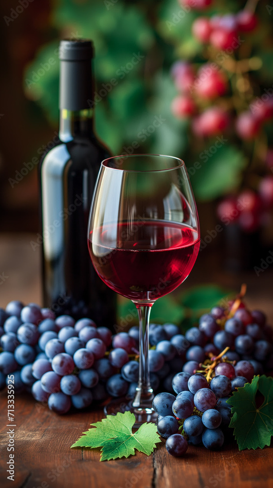 vertical photo, wine glass and grapes, wine bottle in the background