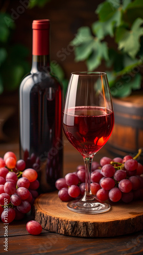 vertical photo, wine glass and grapes, wine bottle in the background