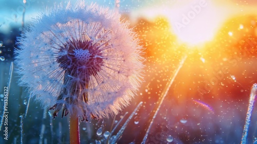 a large dandelion in the dew against the backdrop of the shining sun in the early morning, screensaver, banner