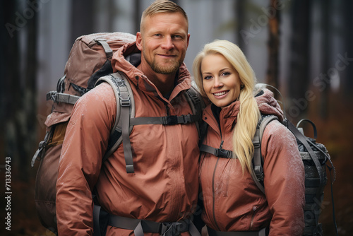 Active man and woman wearing backpacks stand in a snowy forest, smiling at the camera.