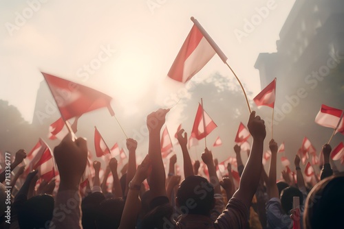 A group of people holding small flags of the indonesia in their hands photo