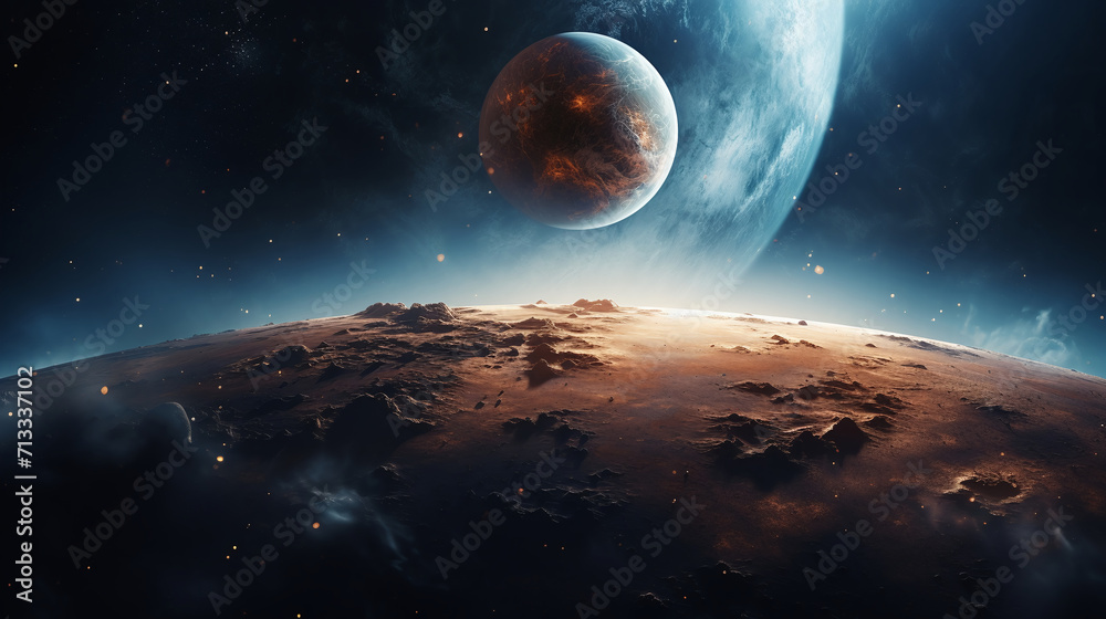 Obraz premium Outerspace landscape two moons, AI generated
