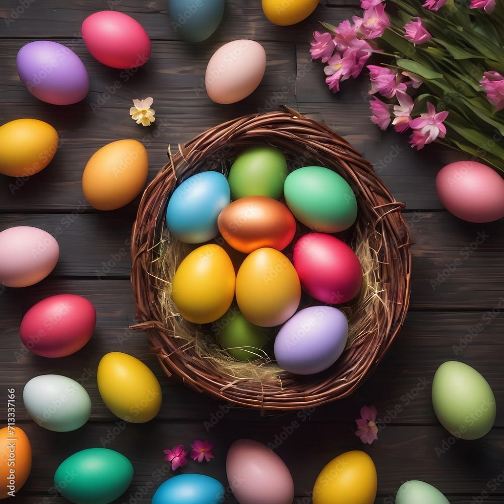 Colorful Easter eggs in a basket on a dark wooden background. Colorful Happy Easter eggs in a nest with flowers. Beautiful Happy Easter background. Colorful Easter eggs in a basket on a dark wooden background. Colorful Happy Easter eggs in a nest with flowers. Beautiful Happy Easter background.