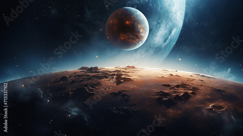 Outerspace landscape two moons, AI generated