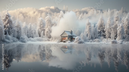 A winter wonderland cabin covered in snow, smoke rising from the chimney, surrounded by snow-covered trees and a frozen lake -Generative Ai