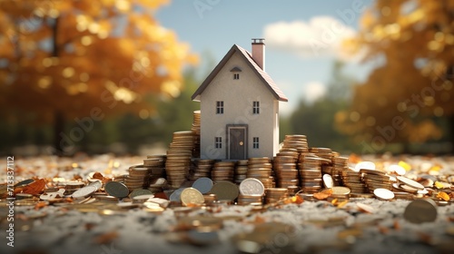 house with coins stacked next to it, home loan concept photo