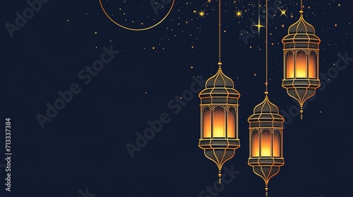 beautiful ramadan kareem celebration banner with lamps and stars decoration - AI Generated photo
