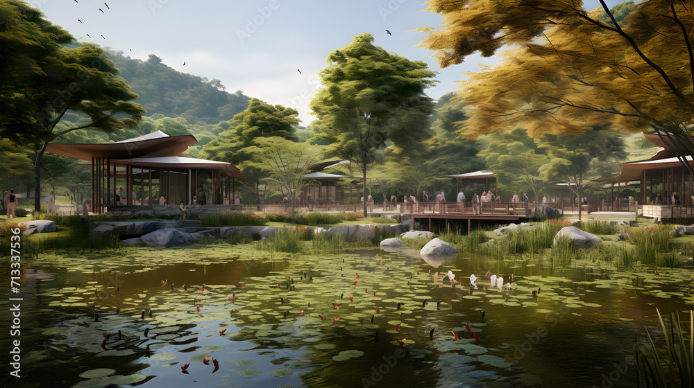 3d building landscap,,
Tranquil scene Japanese garden reflects beauty in nature fresh springtime