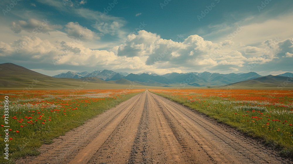 A road on a plain with flowers towards the mountains