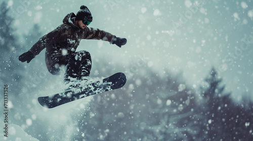 A man practicing winter sports, snowboarding photo