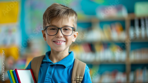 A boy with glasses and books in hand enters the classroom photo
