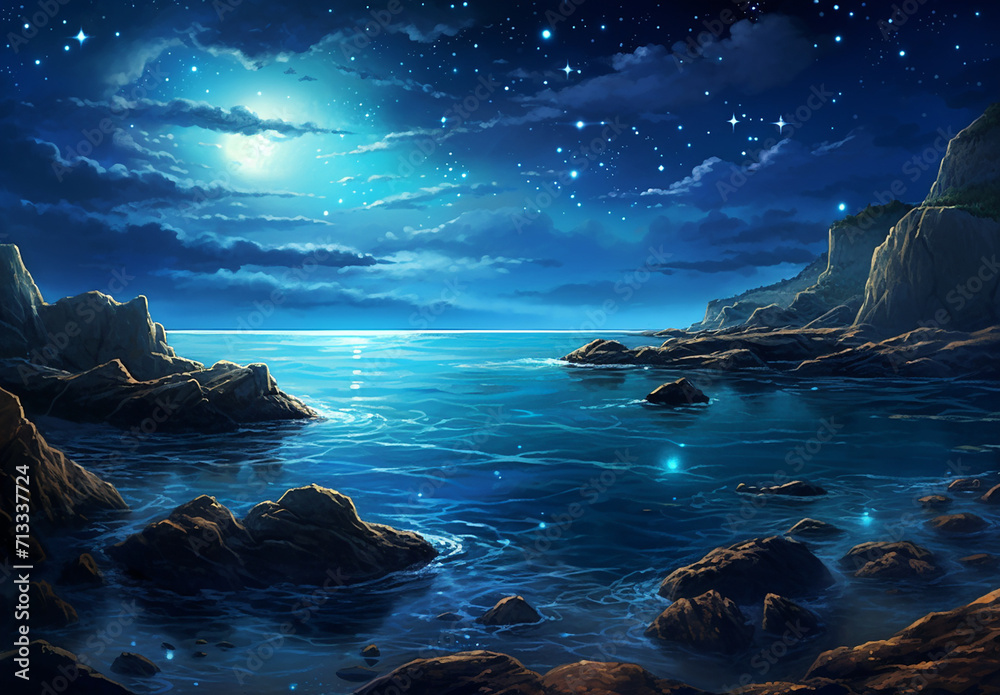 Magical Beach At Night With Full Moon And Sparkling Lake