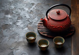 Japanese iron teapot and tea cups